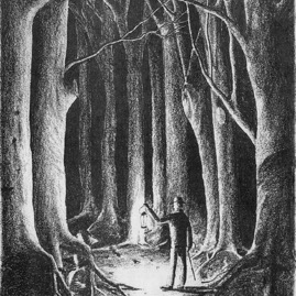 Man met lantaarn in donker bos.jpg